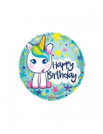 MYLAR HAPPY BIRTHDAY UNICORNO TONDO 18"