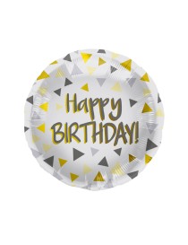 MYLAR TONDO 18" BIRTHDAY TRIANGOLI GRIGI E GIALLI