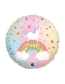 MYLAR TONDO BUON COMPLEANNO UNICORNO 18"