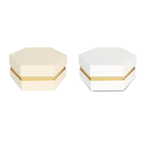 Astuccio esagonale bianco fondo/coperchio con vaschetta oro 6,5 x 6,5 x 4,5 cm