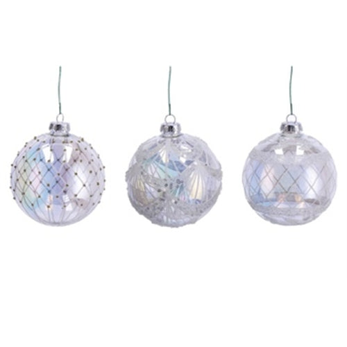 Palline di natale trasparenti iridescenti con decorazioni bianche e argento – ø 10 cm – 3 fantasie assortite