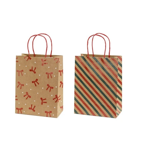 Sacchetti regalo a righe e fiocchi, 19x25x10 cm, carta kraft
