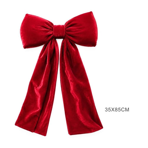Fiocco natalizio rosso in velluto con code lunghe – 35 × 85 cm