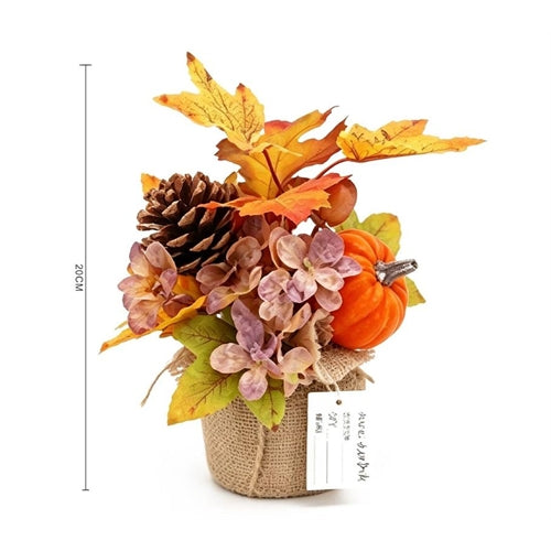 Composizione floreale autunnale con zucca e pigna – h 20 cm
