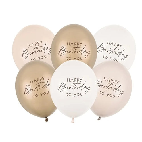 Palloncini 30 cm, buon compleanno, mix beige (1 confezione / 6 pz.)
