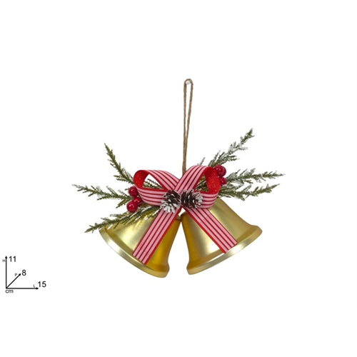 Decorazione natalizia da appendere con campanelle dorate, fiocco e bacche rosse – 15 cm