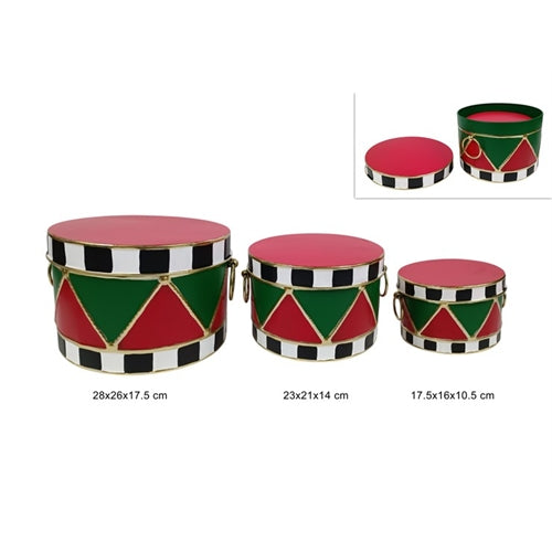 Set 3 scatole tamburo natalizie decorative con coperchio