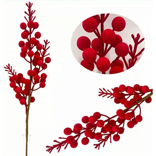 Ramo natalizio decorativo con bacche rosse vellutate – h 42 cm