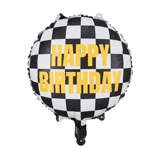 Palloncino in lamina con bandiera a scacchi "buon compleanno", 45 cm