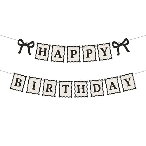 Banner happy birthday bows, 100 cm, crema-nero