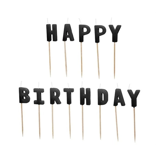 Candeline di compleanno happy birthday, 2,5 cm, nere (1 confezione / 13 pezzi)