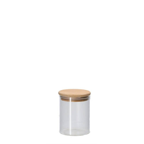 Barattolo vetro borosil c/n coperchio bamboo d.8 x h. 11 cm
