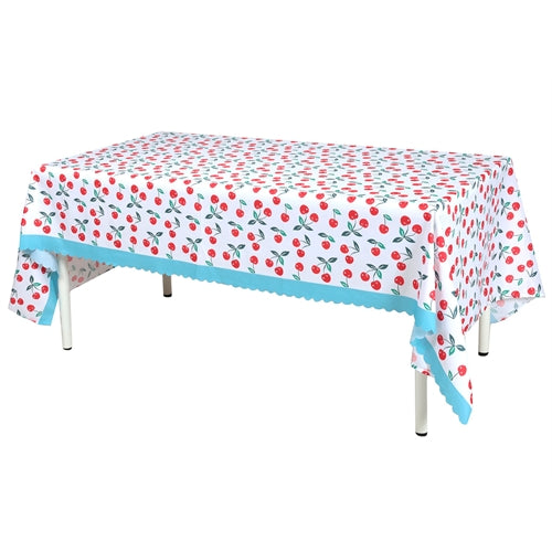 Tovaglia ciliegie con bordo azzurro – 145 × 240 cm