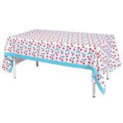 Tovaglia ciliegie con bordo azzurro – 145 × 240 cm