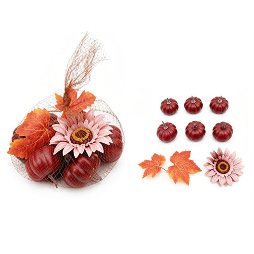 Set decorativo autunnale con mini zucche, girasole e foglie 8 pz