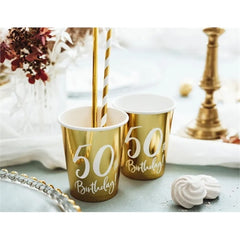 Bicchieri di carta  compleanno, oro, 220 ml (1 confezione / 6 pezzi)