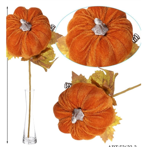 Zucca decorativa in velluto su stelo con foglie h. 45 cm