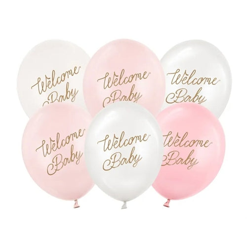 Palloncini 30 cm, welcome baby, mix rosa (1 confezione / 6 pezzi)