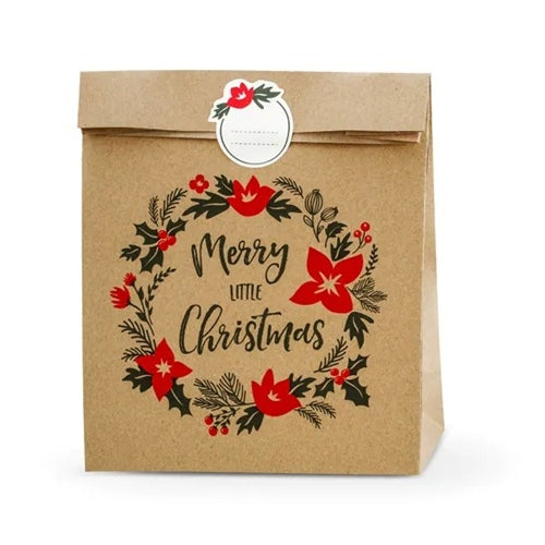 Sacchetti regalo merry little christmas, kraft, 25x11x27cm (1 confezione / 3 pezzi)