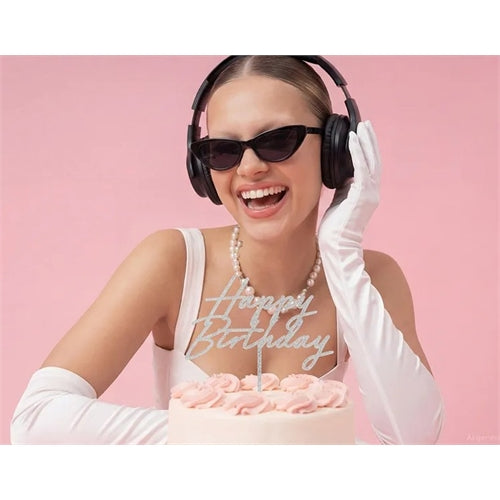 Decorazione per torta "happy birthday", 18x16,5 cm, glitter argento