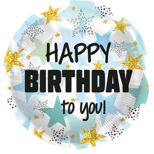 Mylar tondo 18" birthday stars blue gold