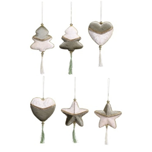 Decorazioni natalizie da appendere in tessuto bianco e verde salvia – 11 × 4 × h 21 cm – 6 modelli assortiti