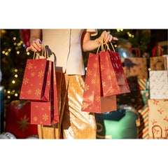 Sacchetti regalo fiocchi di neve e campanelle, 26x32,5x12 cm, rosso e verde
