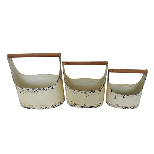 Set 3 fioriere in ferro con manico in legno