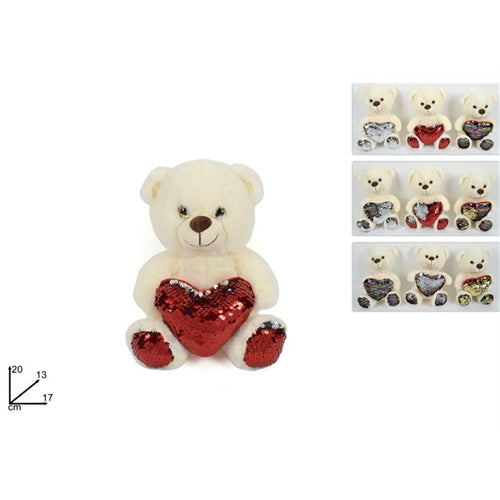 Peluche orso con cuore paillettes 20 cm