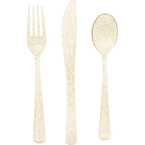 Set di posate in plastica oro glitterato forchette-coltello-cucchiaio