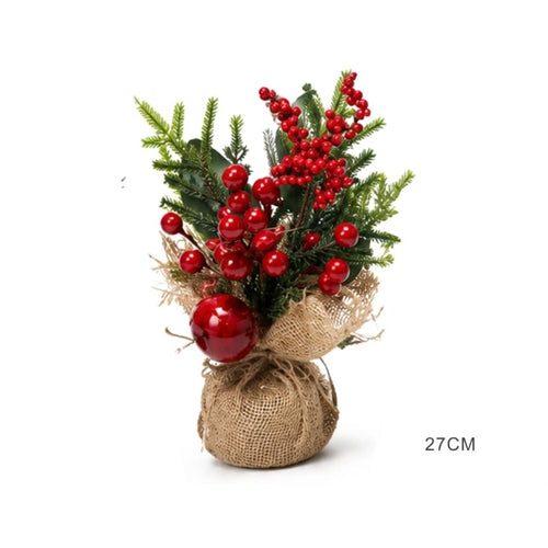 Composizione natalizia artificiale con bacche rosse e rami di pino in sacchetto di juta – h 27 cm