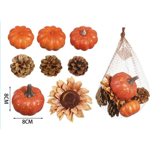 Set decorazioni autunnali con zucche, pigne e girasole
 8 pz