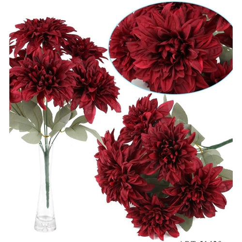 Bouquet artificiale di dalie rosso bordeaux con foglie – h 43 cm