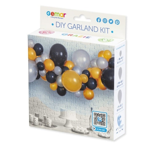 Kit ghirlanda palloncini shiny oro, argento e nero "diy garland kit" 66pz