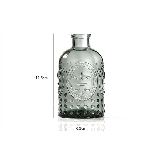 Vasetto decorativo in vetro verde fumé con motivi ornamentali in rilievo – ø 6,5 × h 12,5 cm