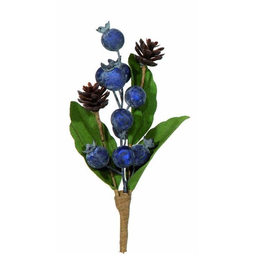 Pick decorativo con bacche blu, pigne e foglie – h 15 cm