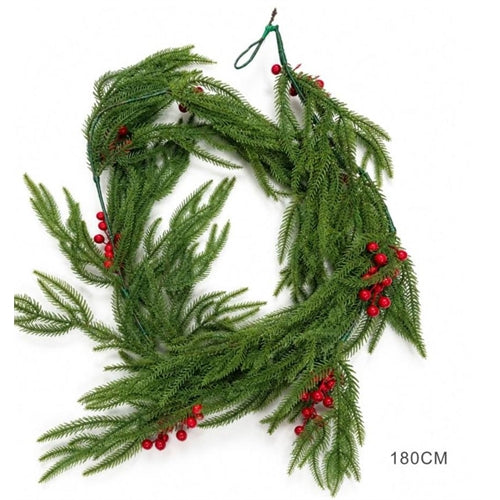Ghirlanda natalizia verde con bacche rosse e rami di abete – l 180 cm