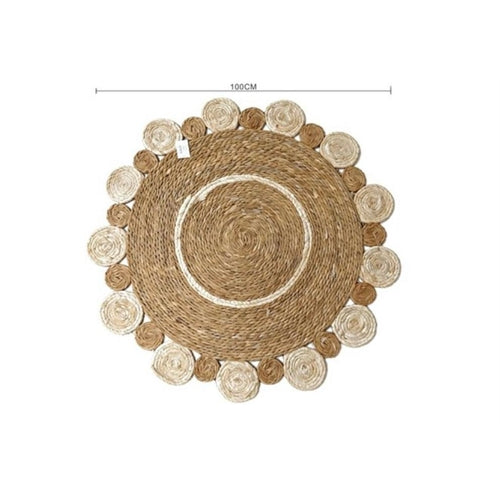 Tappeto rotondo decorativo in paglia con bordo intrecciato diam. 100 cm