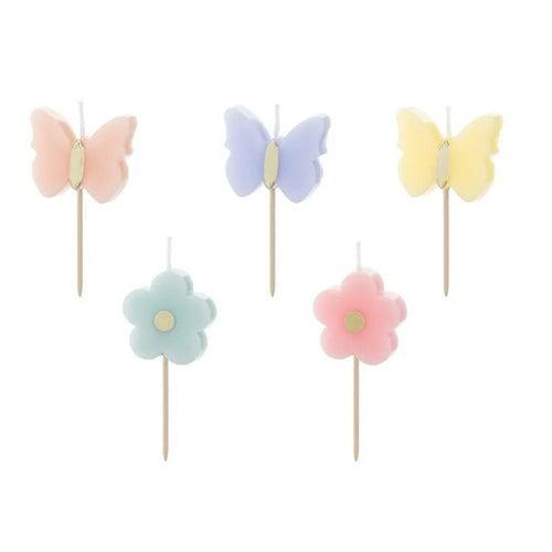 Candele di compleanno farfalle, 3,5 cm, mix (1 confezione / 5 pz.)