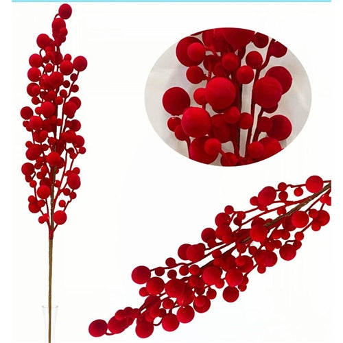 Ramo natalizio decorativo con bacche rosse vellutate – h 72 cm
