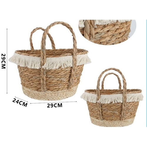 Cestino con manici e frange in cotone bianco
