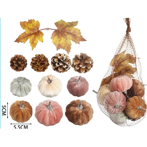 Set decorazioni autunnali con zucche in velluto, pigne e foglie
 10 pz