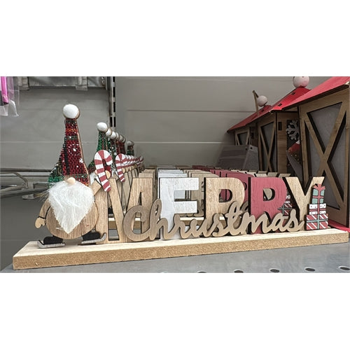 Scritta merry xmas in legno con elfo 28 cm