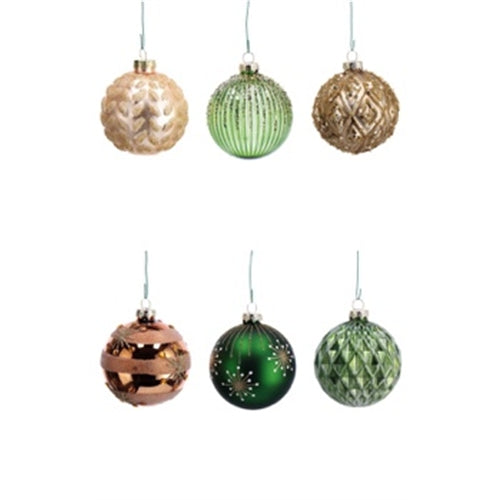 Palline di natale oro e verde con decorazioni glitterate – ø 8 cm – 6 fantasie assortite
