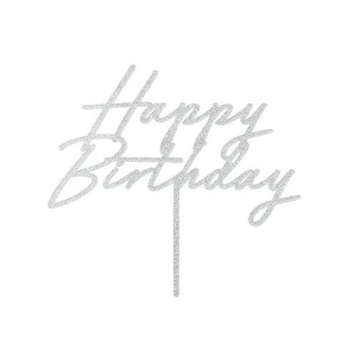 Decorazione per torta "happy birthday", 18x16,5 cm, glitter argento