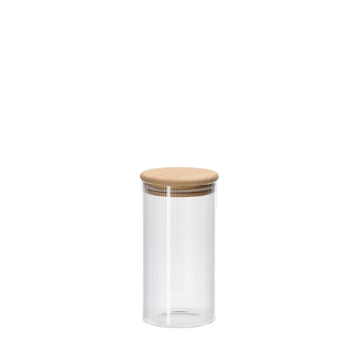 Barattolo vetro borosil c/n coperchio bamboo d.8 x h. 16 cm