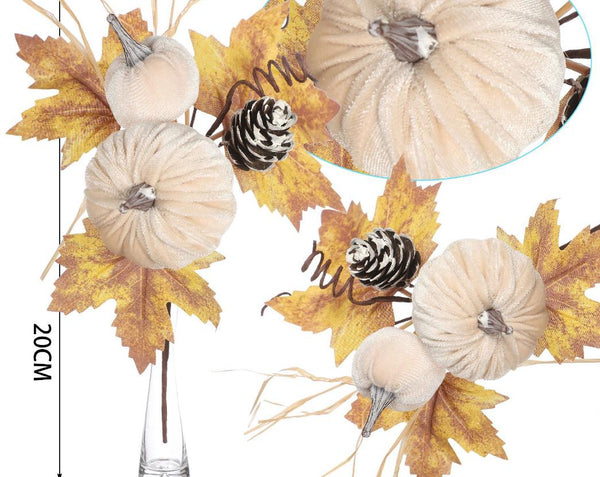 Pick autunnale con zucche in tessuto e foglie decorative – 20 cm