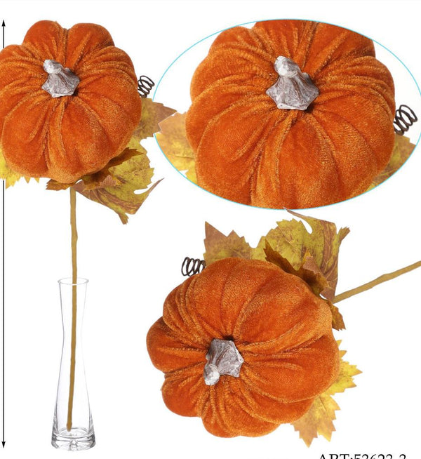 Zucca decorativa in velluto su stelo con foglie h. 45 cm