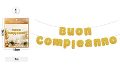 FESTONE BUON COMPLEANNO GLITTERATO – 3 METRI – ORO E ARGENTO
