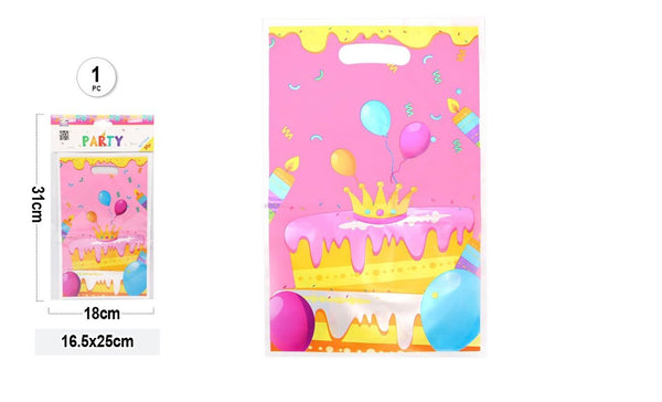 Sacchetto regalo compleanno rosa con torta e palloncini – 16,5 × 25 cm